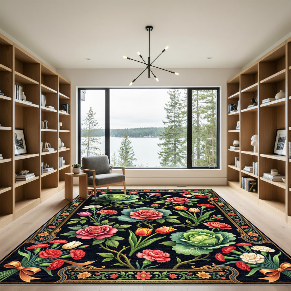 Vintage Red Rose Cabbage Floral Bouquet Rug
