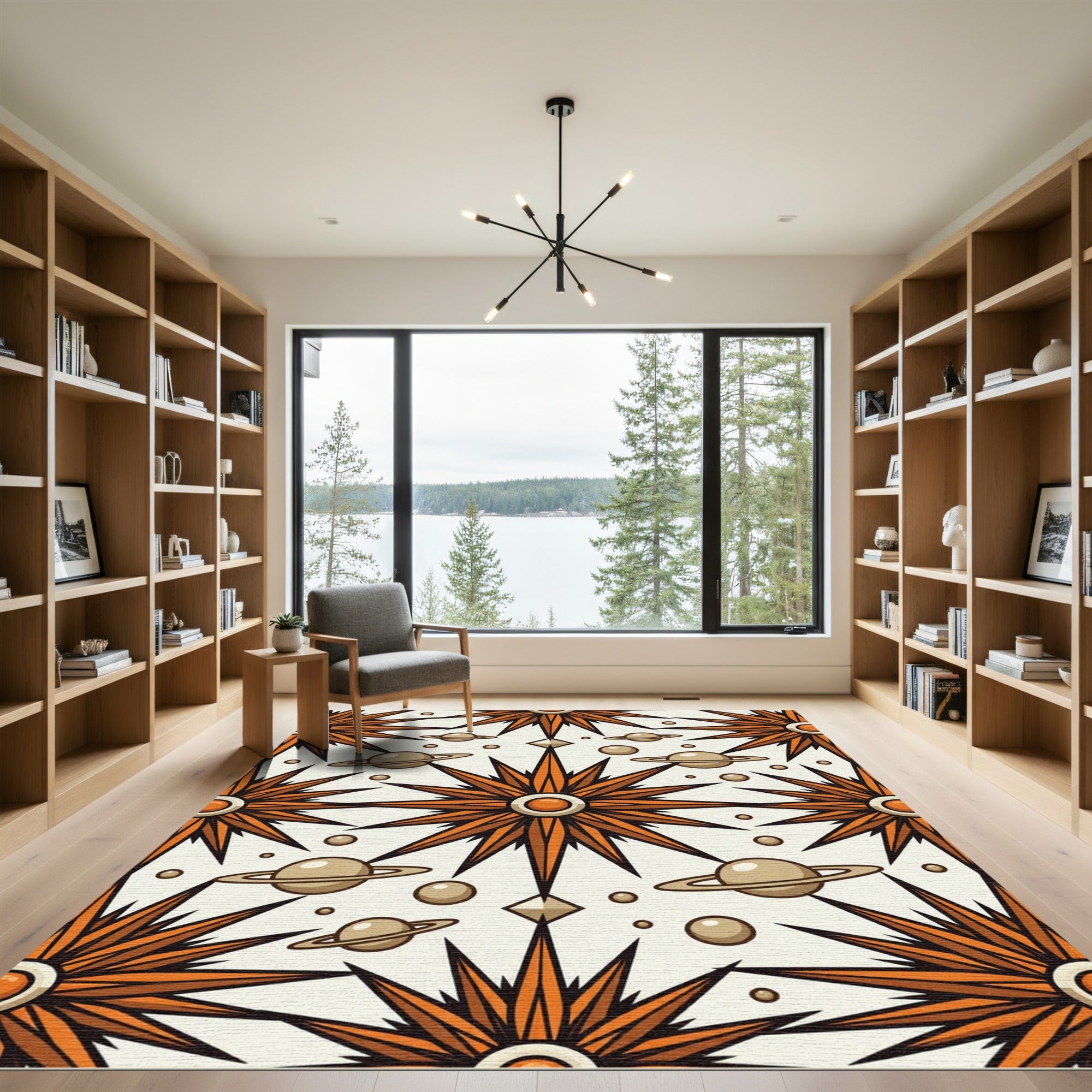 Celestial Orange Star and Planet Geometric Rug