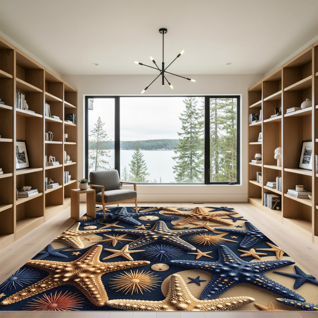 Coastal Navy and Golden Starfish Arrangement Rug