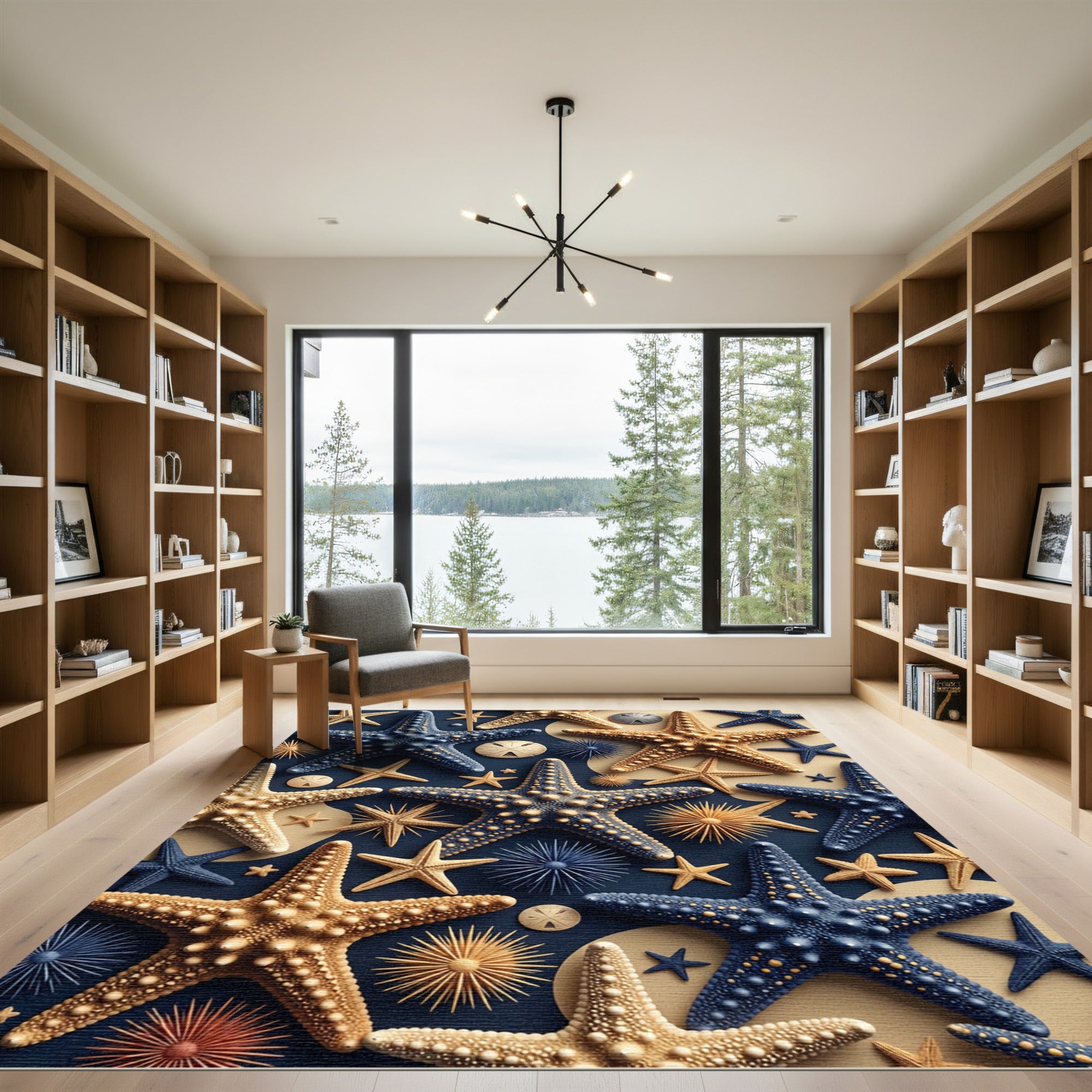 Coastal Navy and Golden Starfish Arrangement Rug