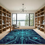 Luminous Blue Cyber Circuit Grid Rug