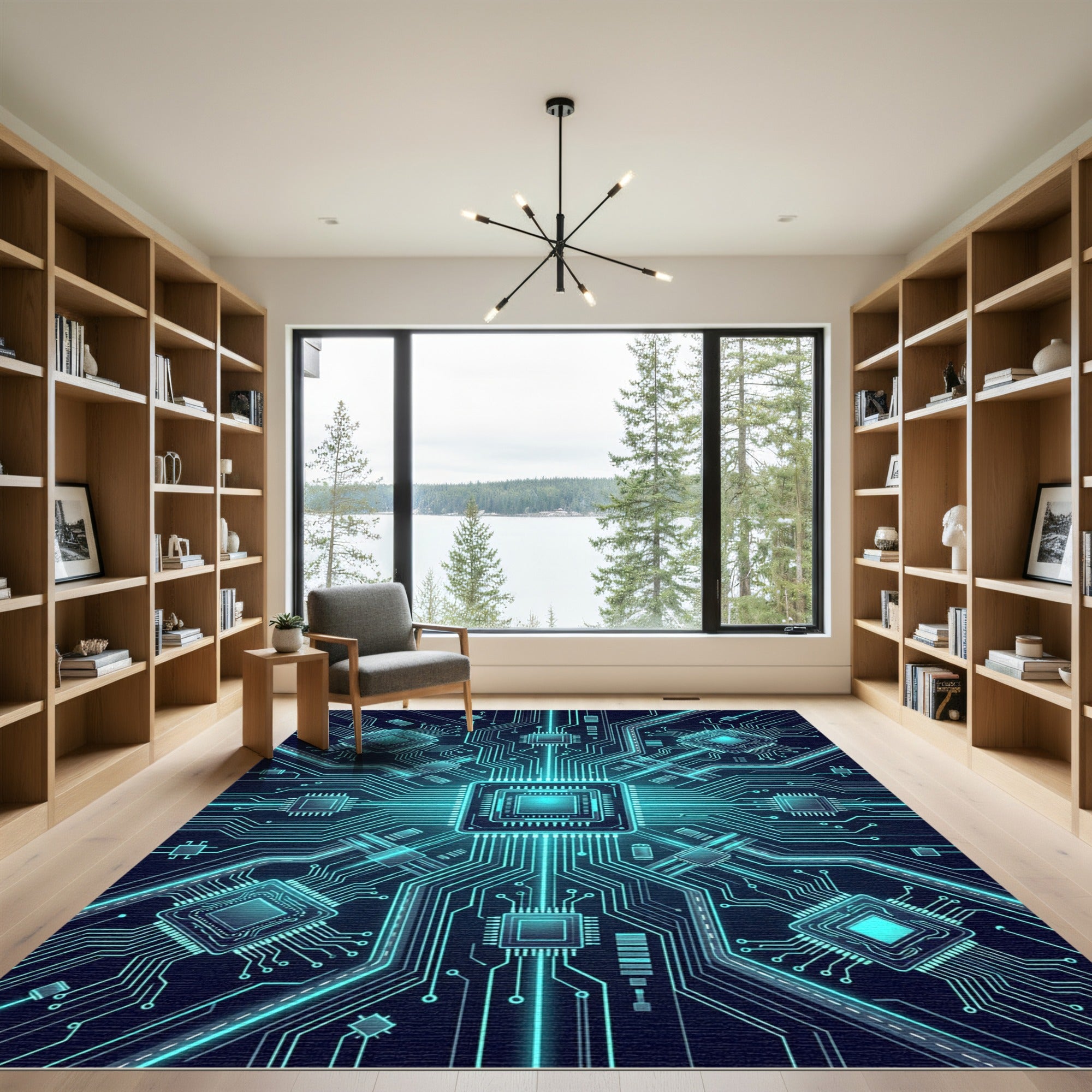 Luminous Blue Cyber Circuit Grid Rug