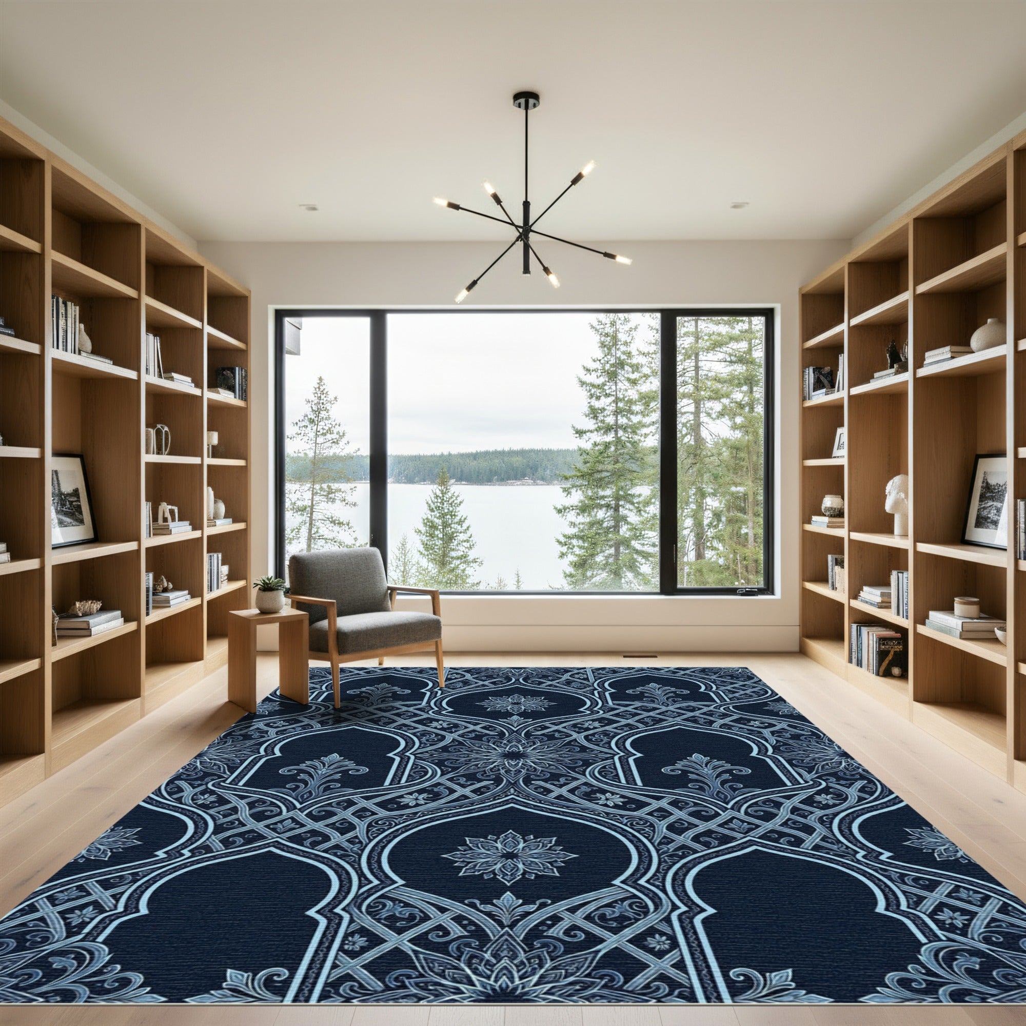 Midnight Blue Ornate Arabesque Arch Rug