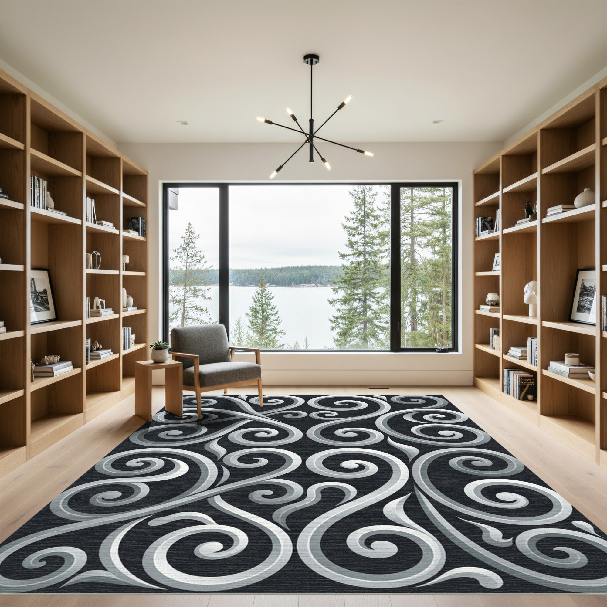 Silver Monochrome Elegant Swirl Scroll Rug