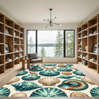 Teal and Cream Coastal Seashell Arrangement Rug