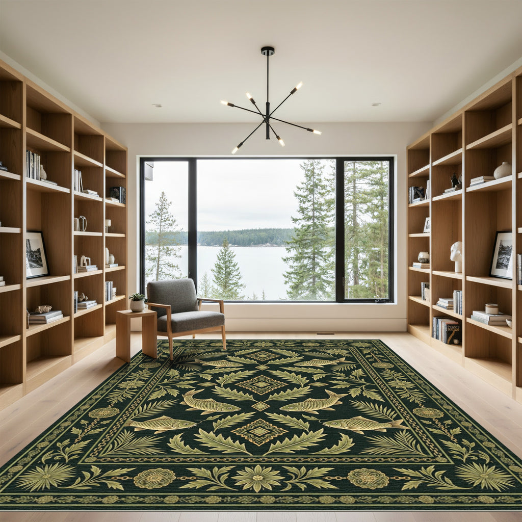 Deep Emerald Fish Floral Border Rug