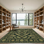 Deep Emerald Fish Floral Border Rug