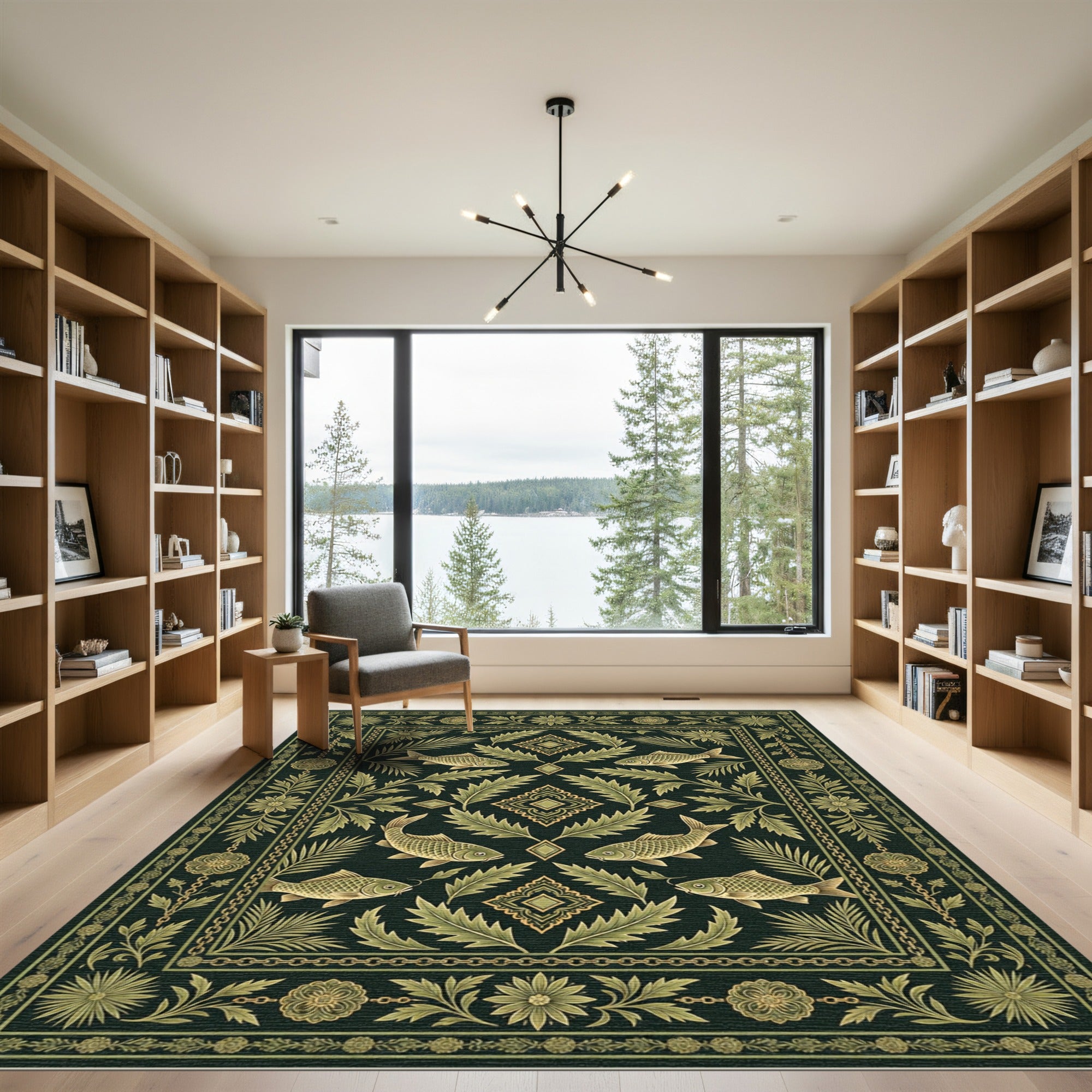 Deep Emerald Fish Floral Border Rug