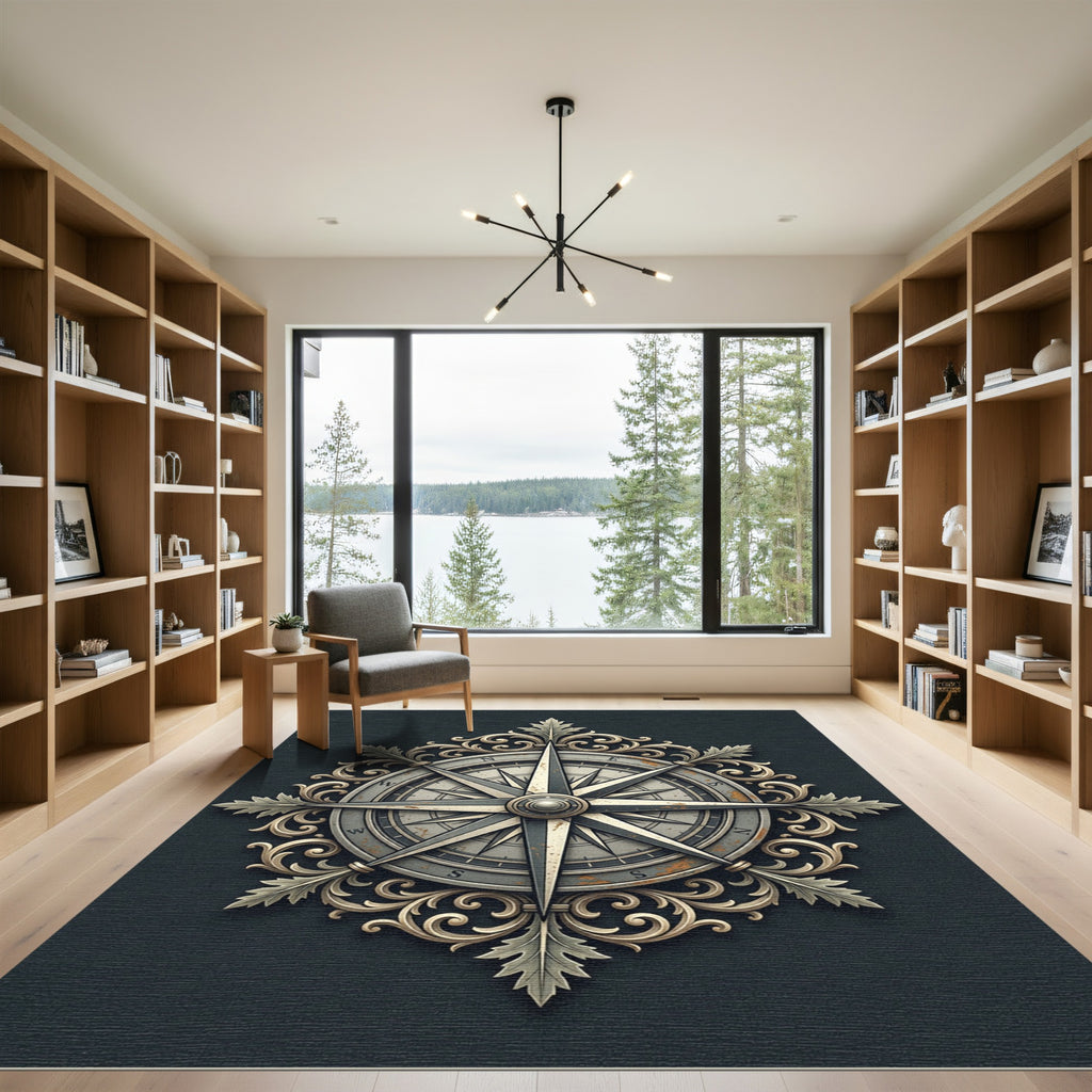 Ornate Metallic Compass Rose Medallion Rug