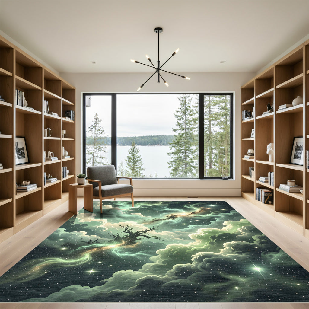 Ethereal Green Nebula Cosmic Tree Rug