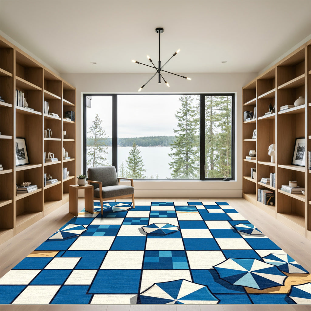 Coastal Blue Geometric Parasol Checkered Rug