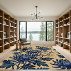 Navy Blue and Cream Chrysanthemum Botanical Rug