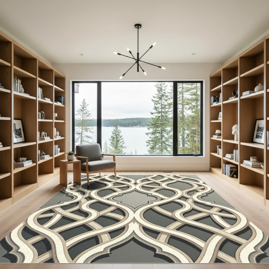 Elegant Gray Interlocking Curvilinear Lattice Rug