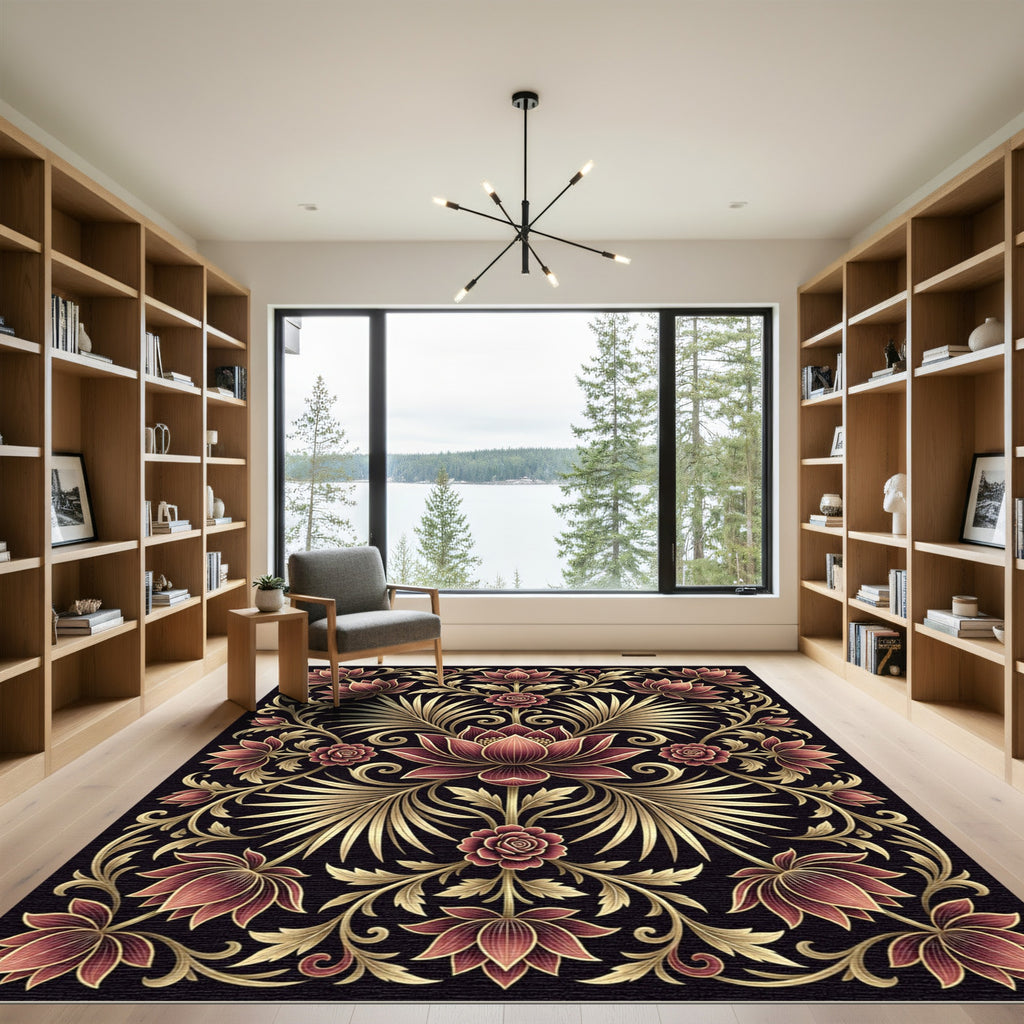 Gilded Lotus Crimson Floral Art Nouveau Rug