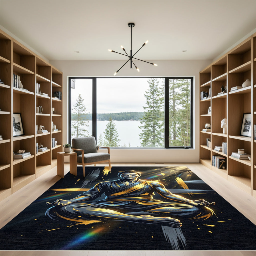 Zen Meditating Samurai Gold Black Accent Rug