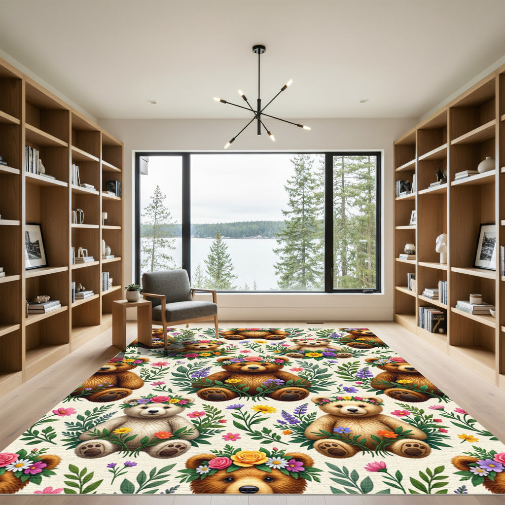 Whimsical Teddy Bear Floral Garden Rug