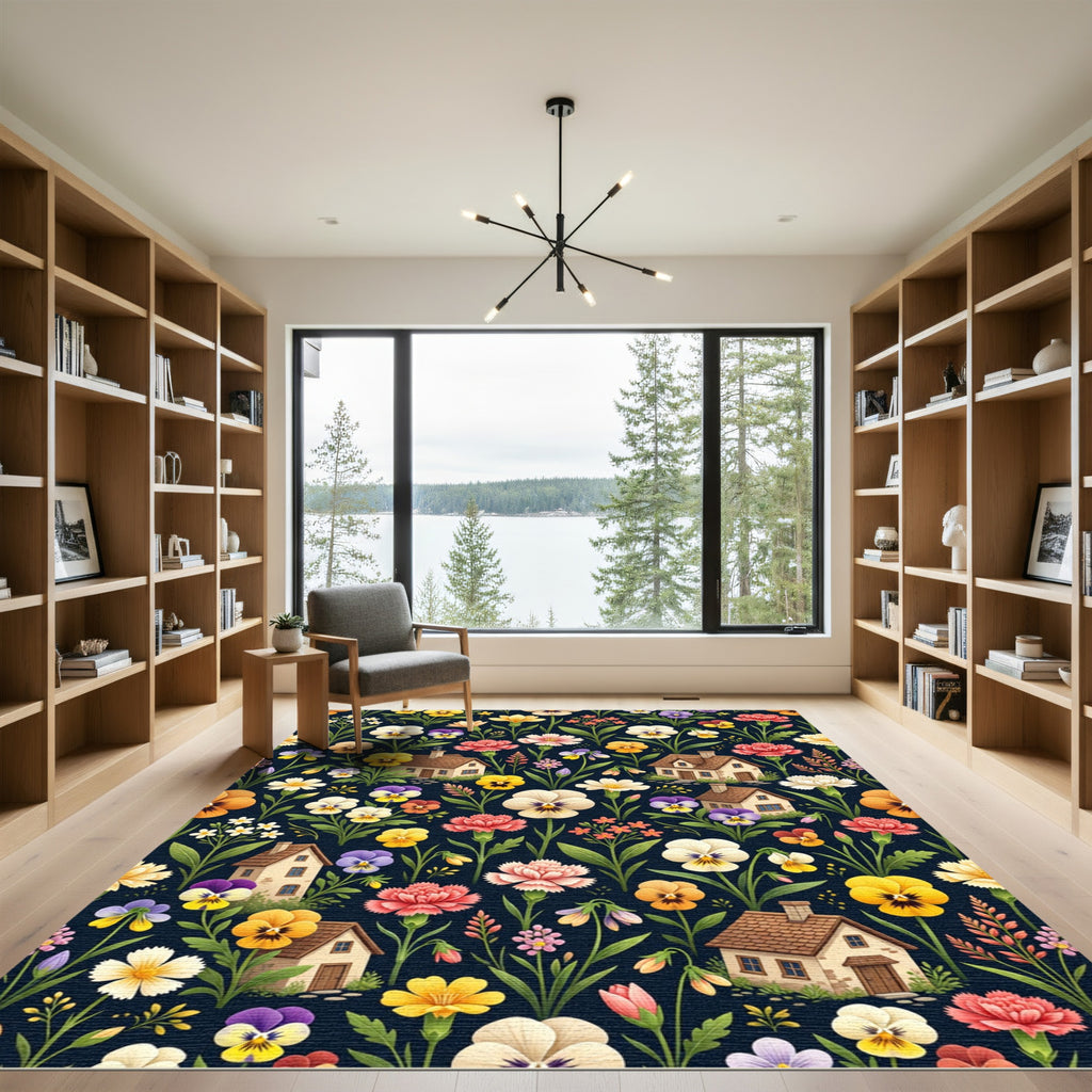 Charming Cottage Floral Garden Scene Rug