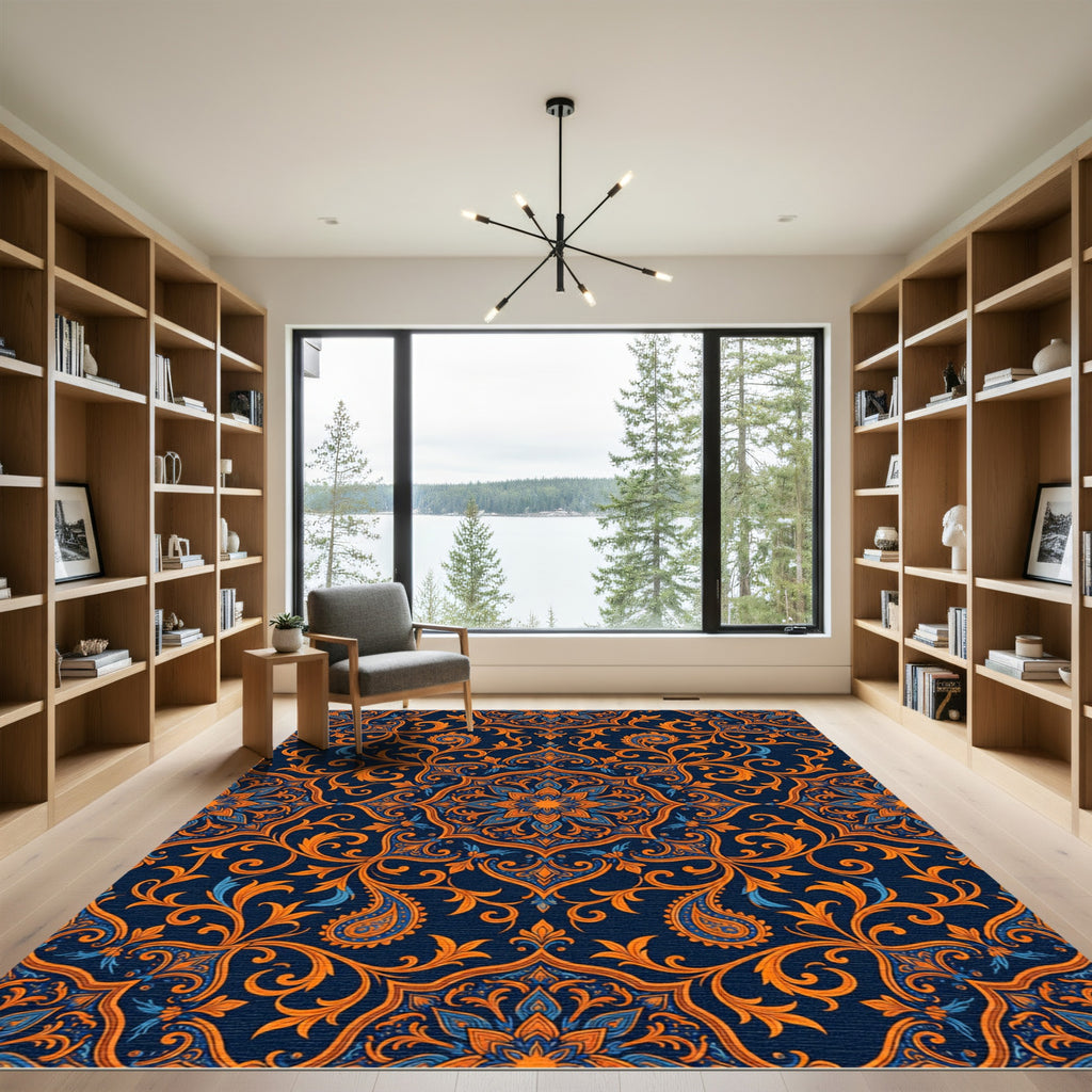 Ornate Navy and Amber Floral Mandalas Rug