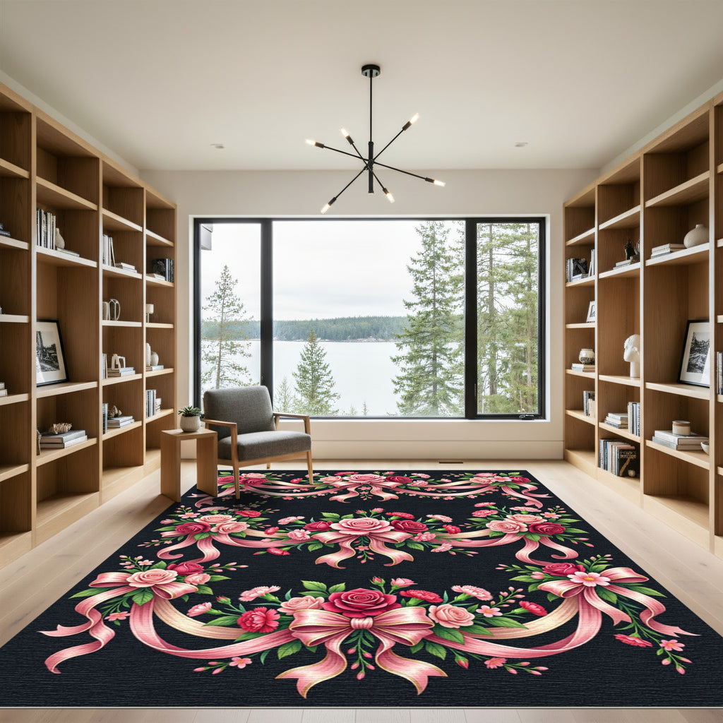 Pink Rose Ribbon Garland Floral Composition Rug