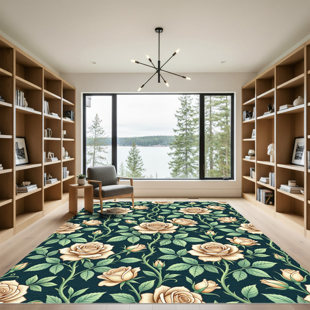 Elegant Cream Rose Botanical Midnight Backdrop Rug