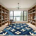Blue Crossed Lattice Geometric Grid Rug