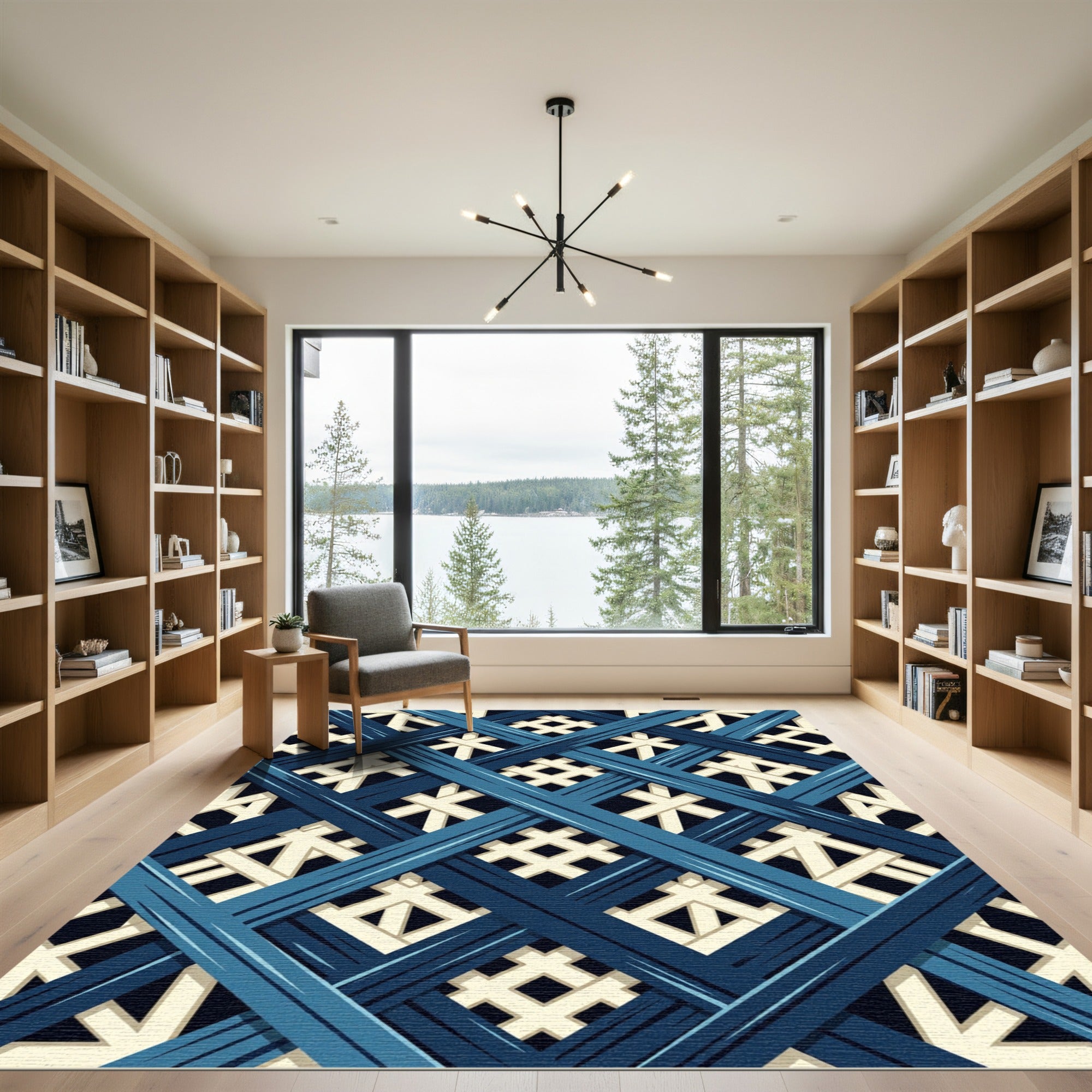 Blue Crossed Lattice Geometric Grid Rug