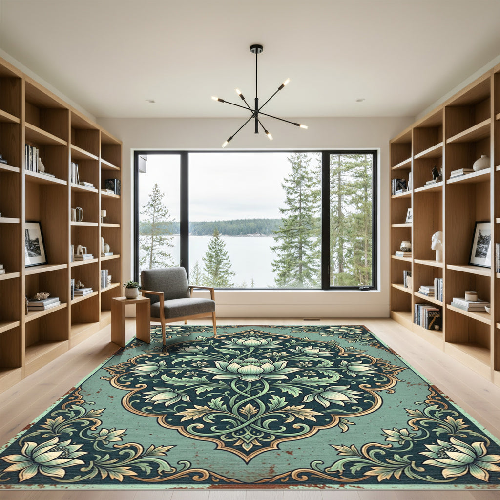 Ethereal Sage Lotus Medallion Floral Rug