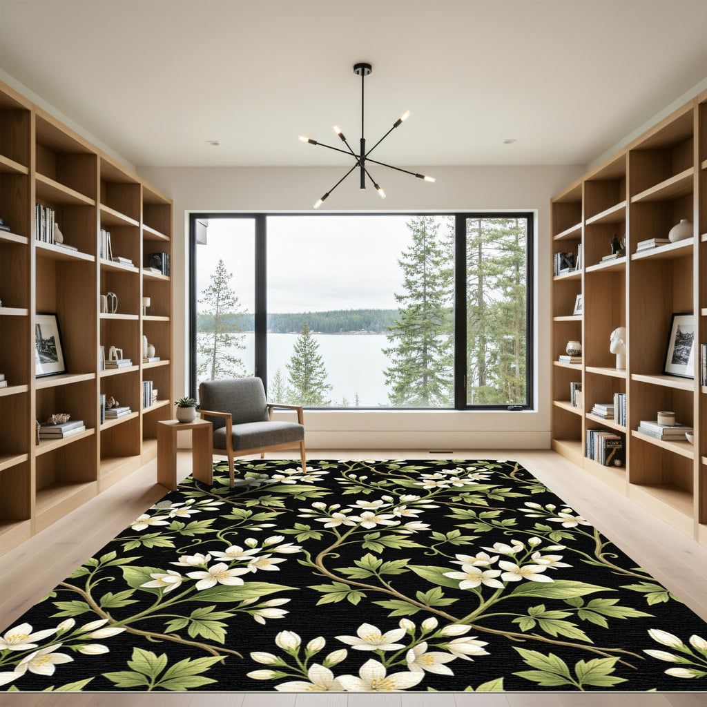 White Blossom Vine With Green Leaves Rug