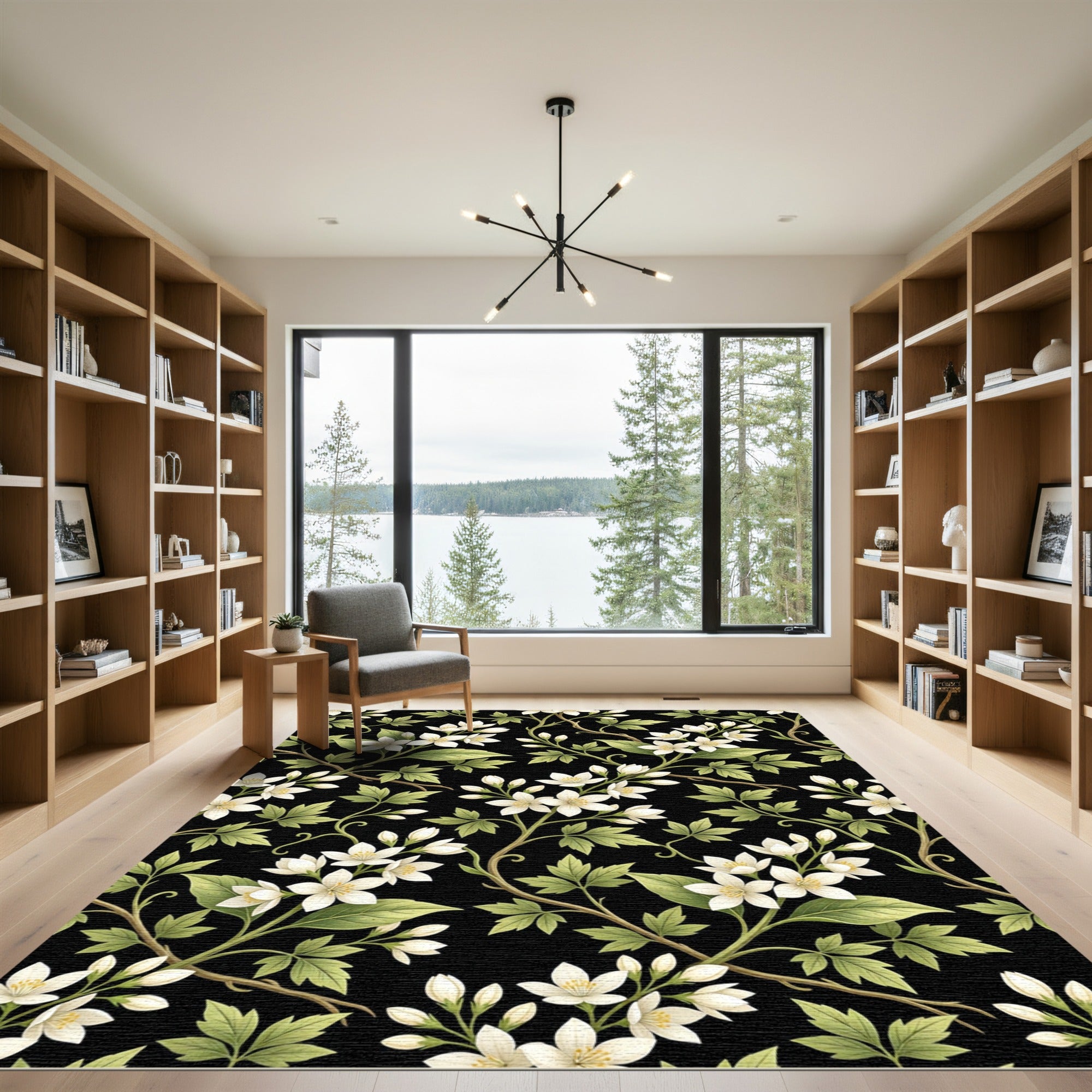 White Blossom Vine With Green Leaves Rug