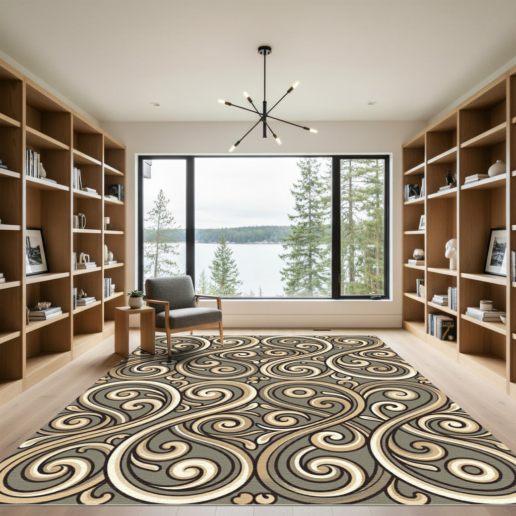 Elegant Beige and Olive Swirl Scroll Rug