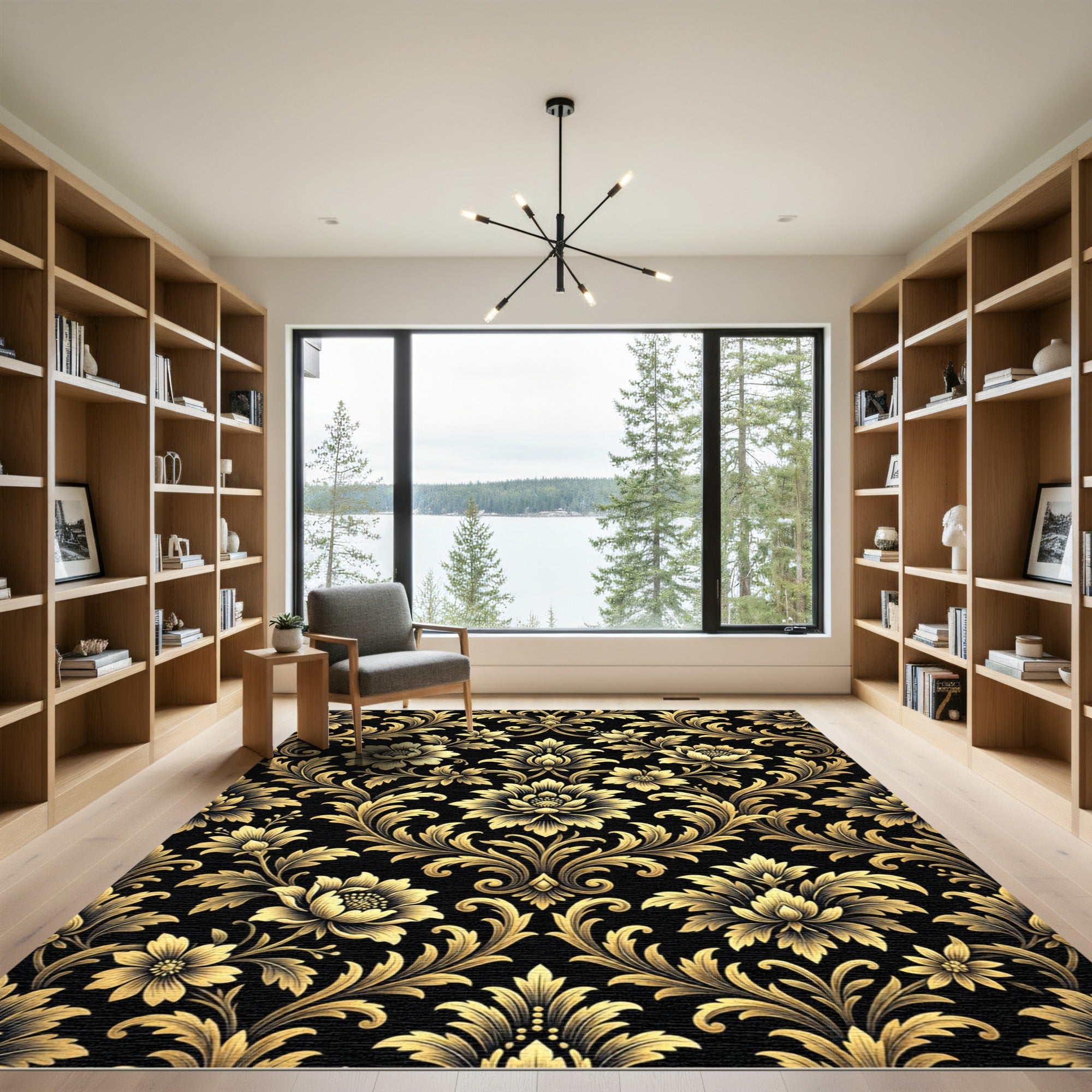 Elegant Gold Damask Floral Scroll Rug