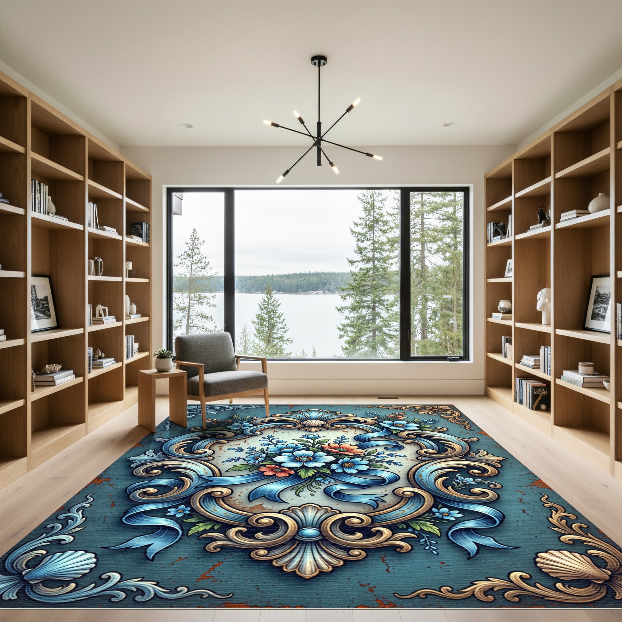 Ornate Blue Floral Baroque Scroll Rug