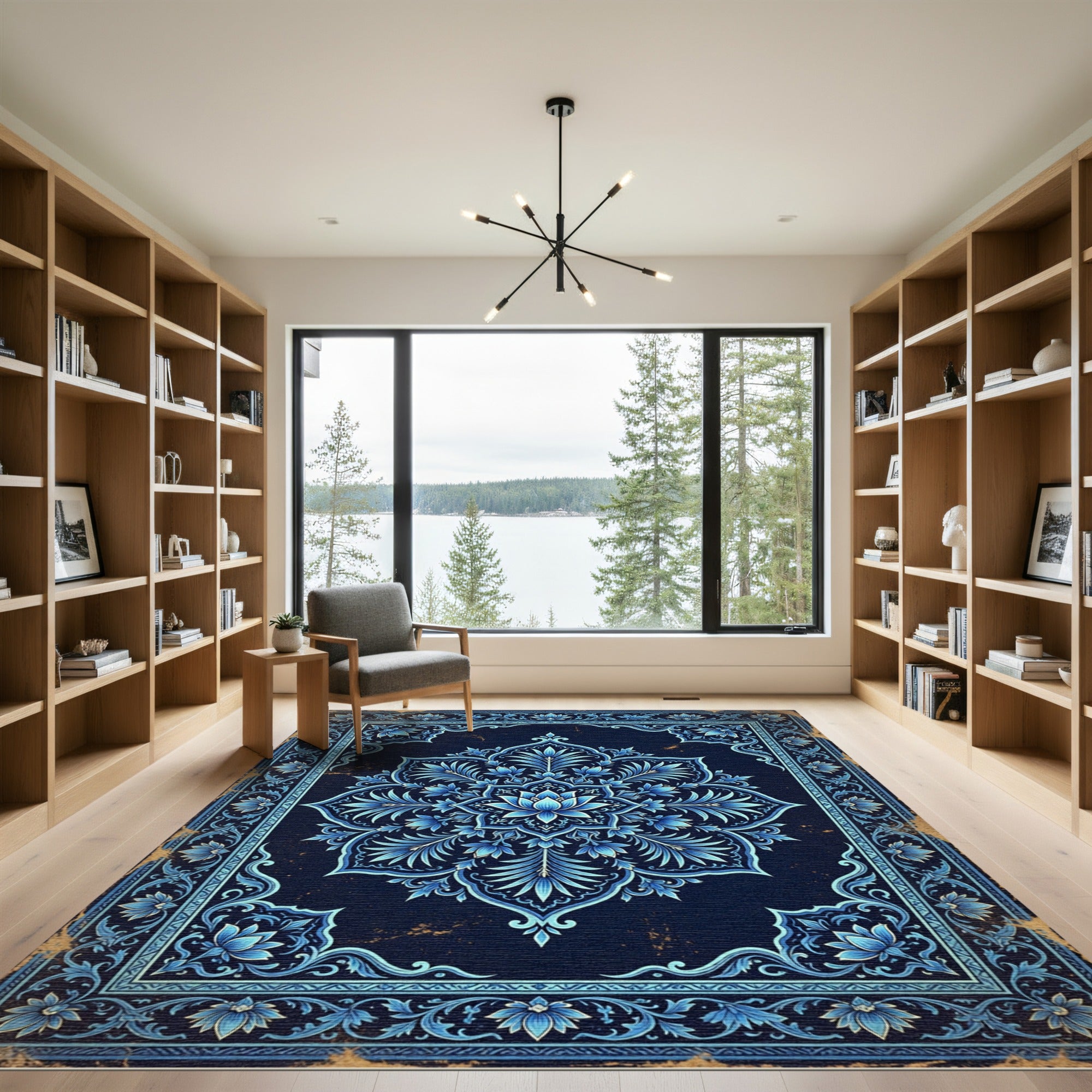 Ornate Navy Lotus Bloom Medallion Rug