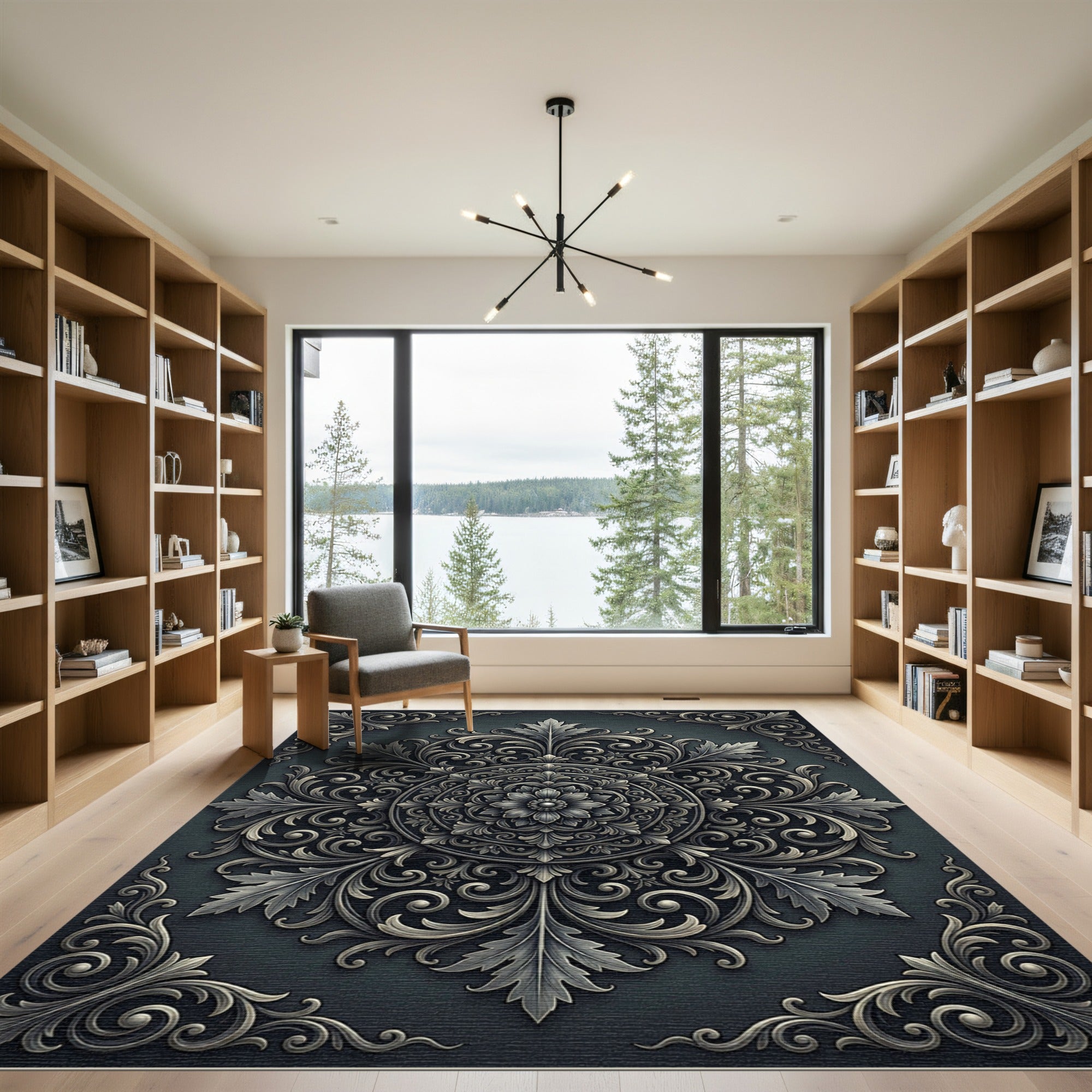 Ornate Charcoal Silver Filigree Medallion Rug
