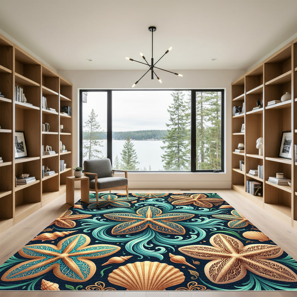 Golden Starfish Aqua Waves Seashell Medallion Rug