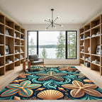 Golden Starfish Aqua Waves Seashell Medallion Rug