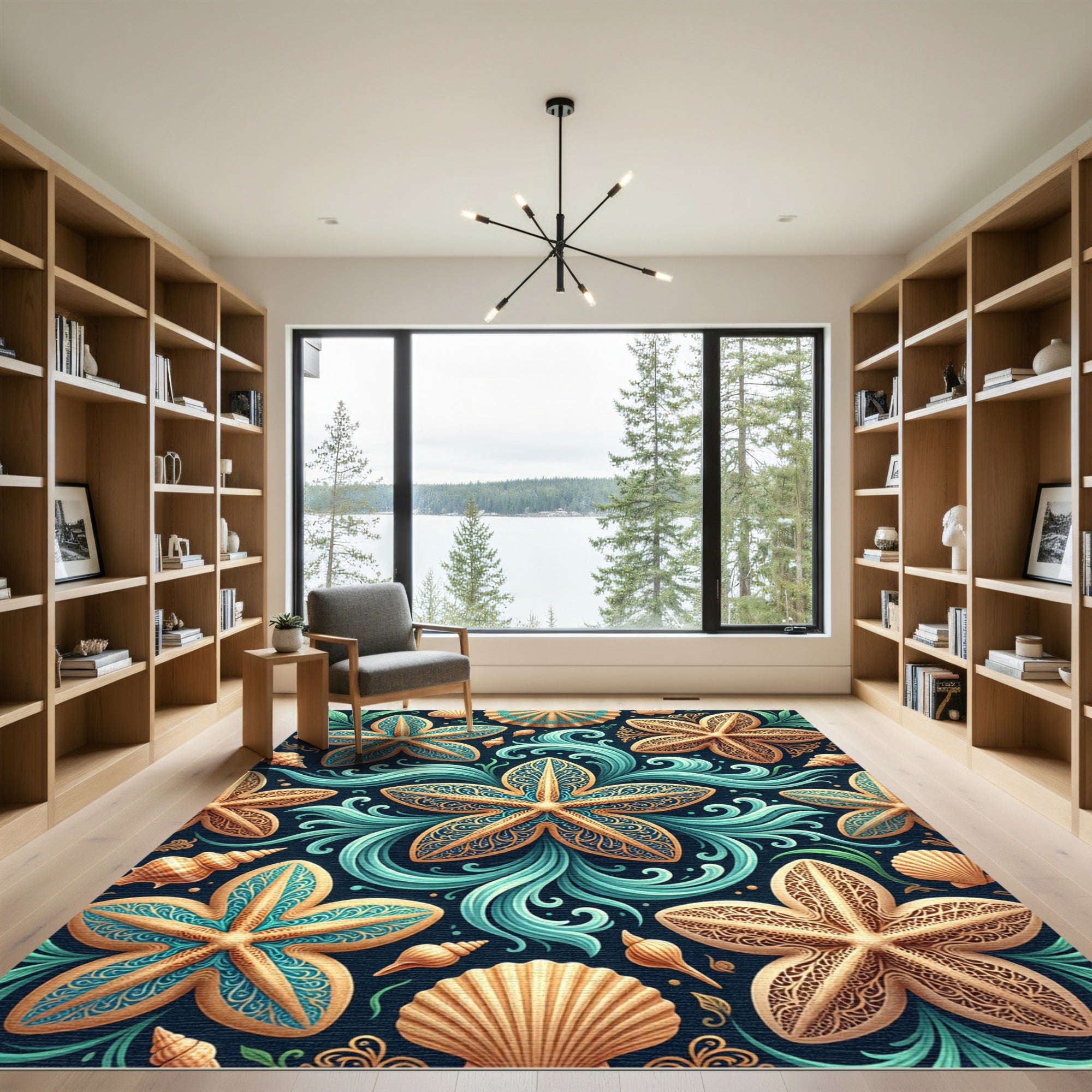 Golden Starfish Aqua Waves Seashell Medallion Rug
