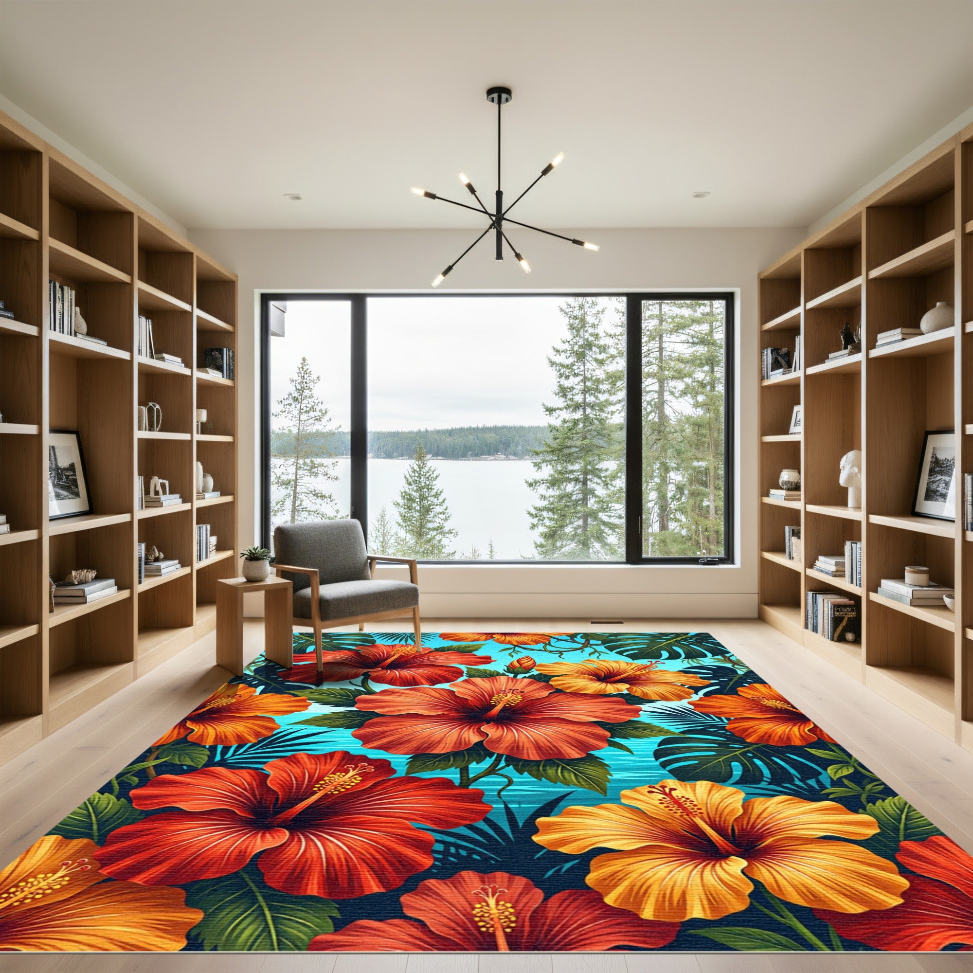 Vibrant Tropical Hibiscus Floral Lush Foliage Rug