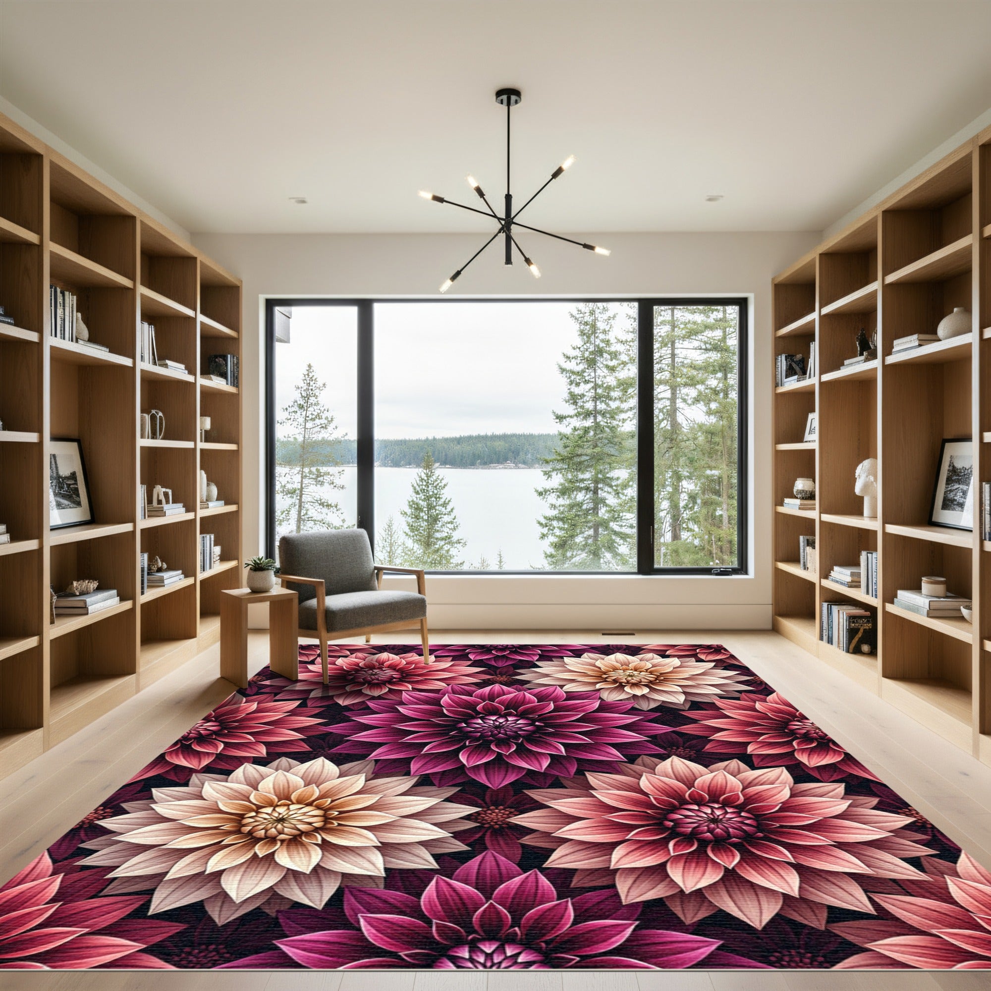 Vibrant Crimson Pink Dahlia Arrangement Rug