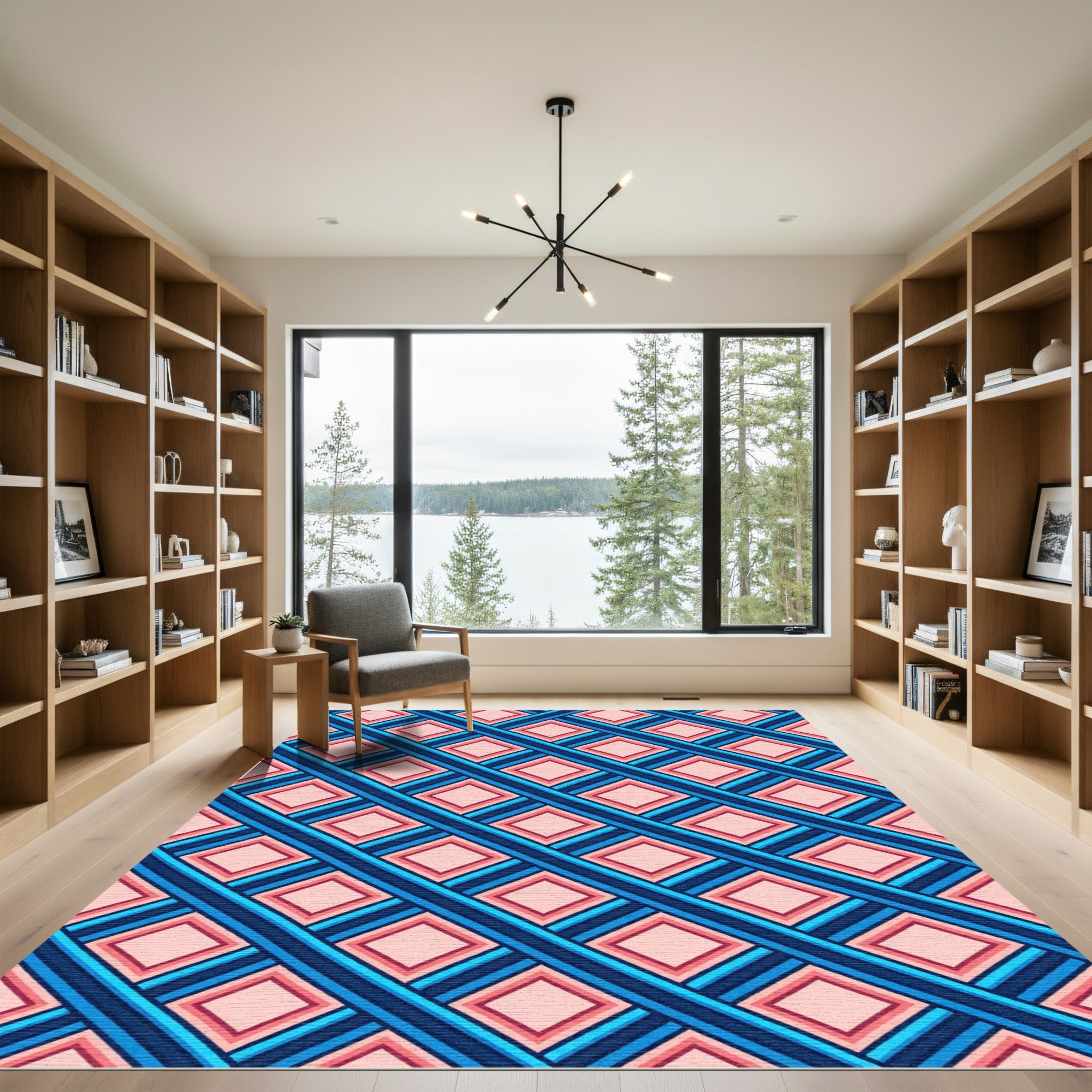 Geometric Navy and Peach Diamond Lattice Rug
