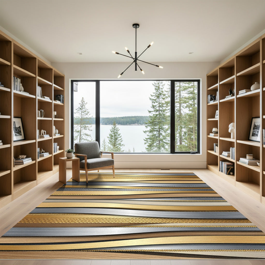 Gold Silver Wood Layered Texture Rug