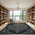 Elegant Silver Damask Charcoal Circular Medallion Rug