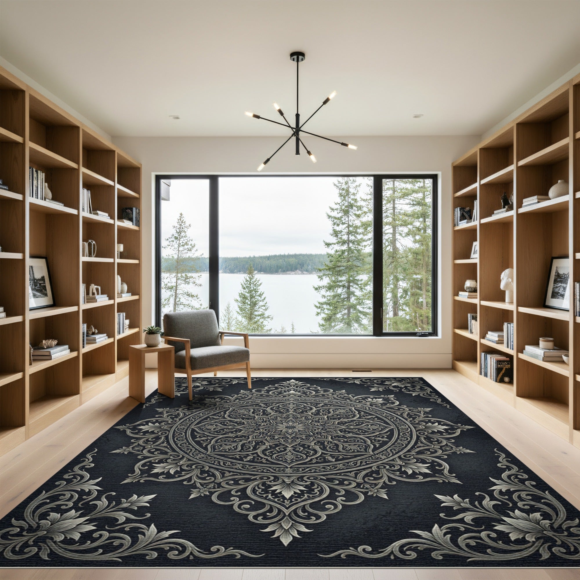 Elegant Silver Damask Charcoal Circular Medallion Rug