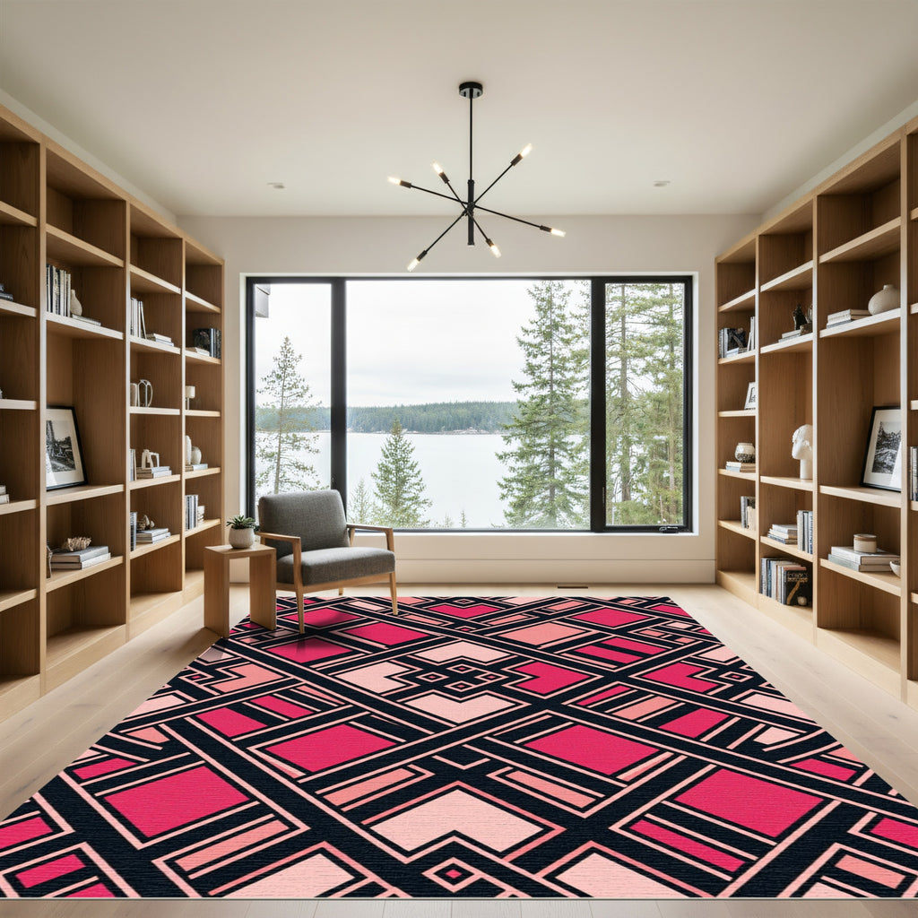 Geometric Magenta and Blush Art Deco Rug