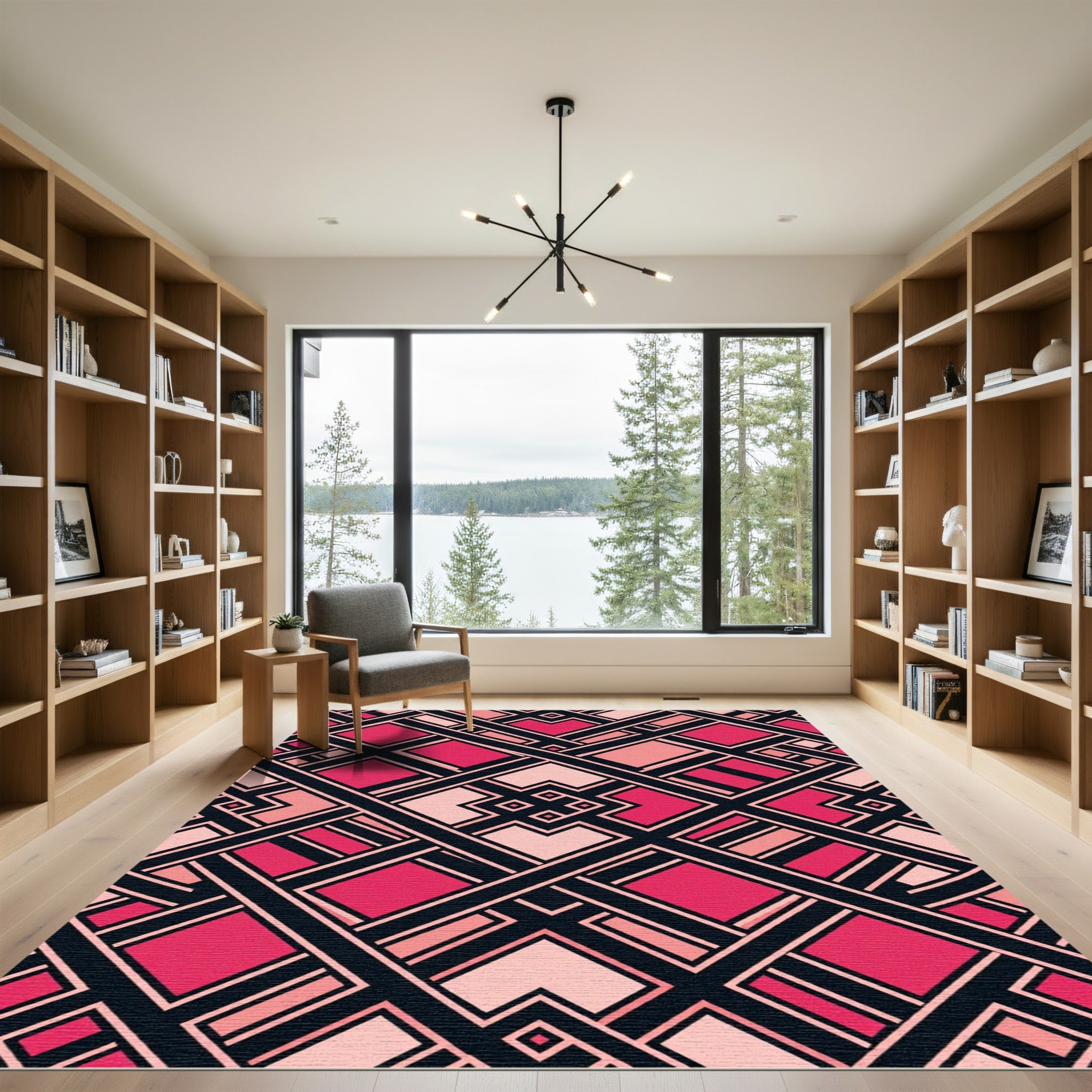 Geometric Magenta and Blush Art Deco Rug