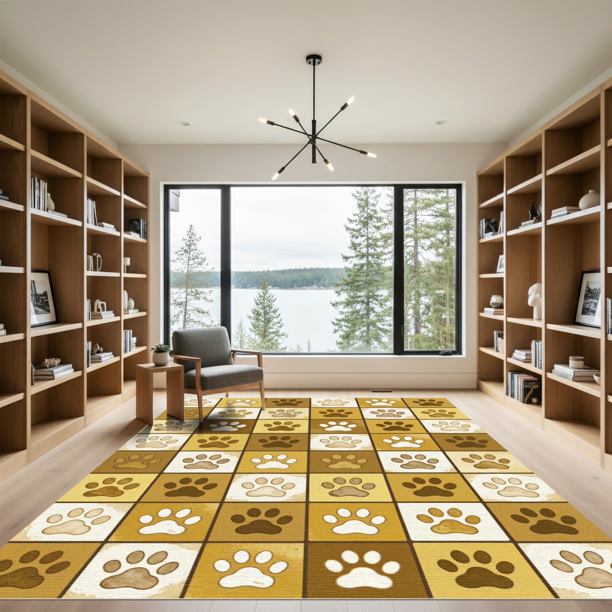 Golden Ochre Grid Paw Tile Rug