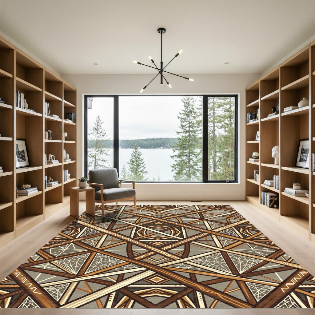 Earthy Brown Geometric Lattice Art Rug