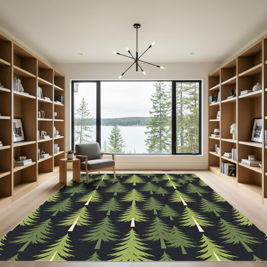 Forest Green Evergreen Pine Tree Landscape Rug