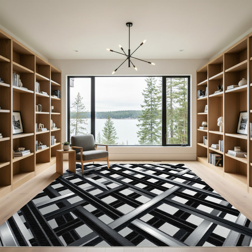 Modern Monochrome Intersecting Diagonal Grid Rug