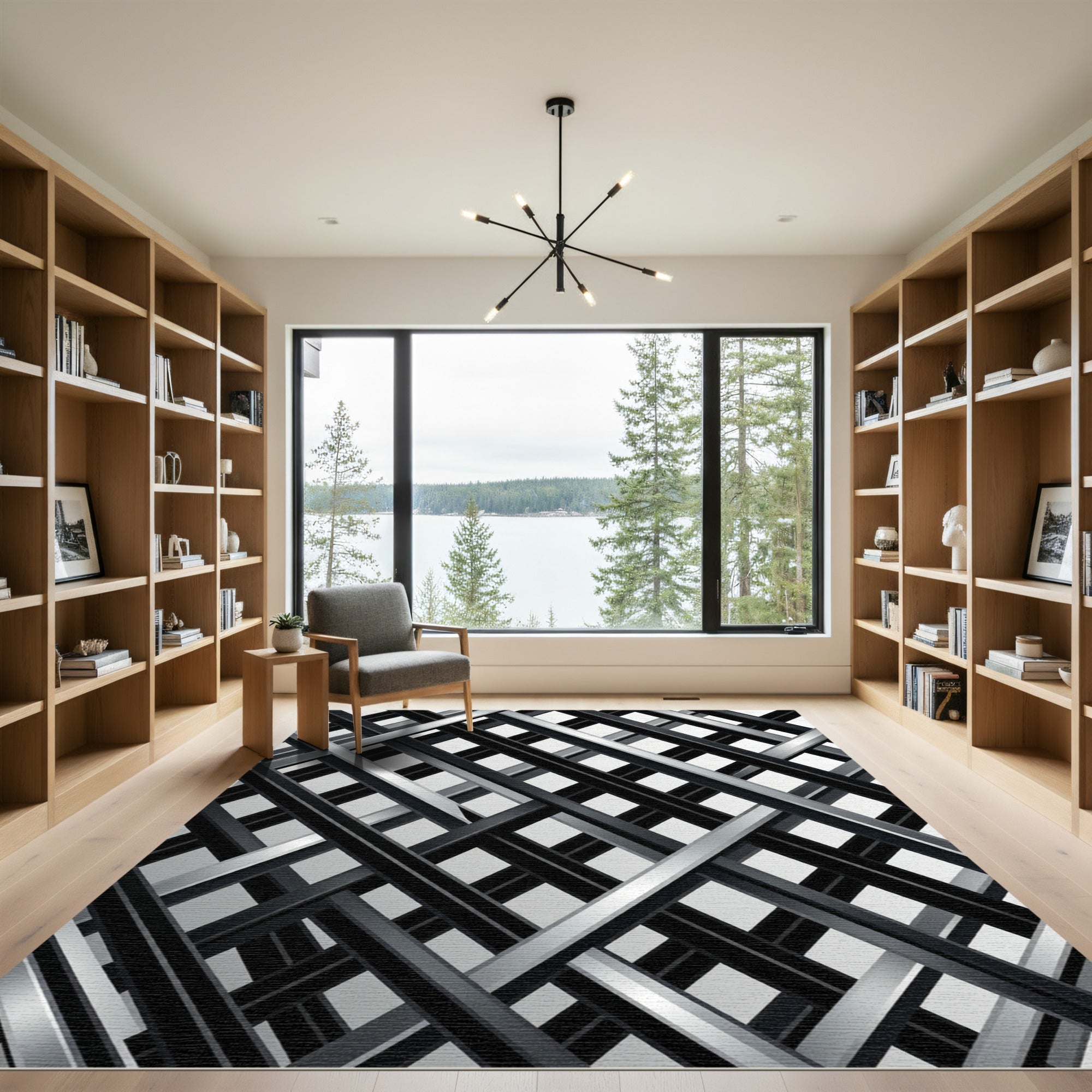 Modern Monochrome Intersecting Diagonal Grid Rug